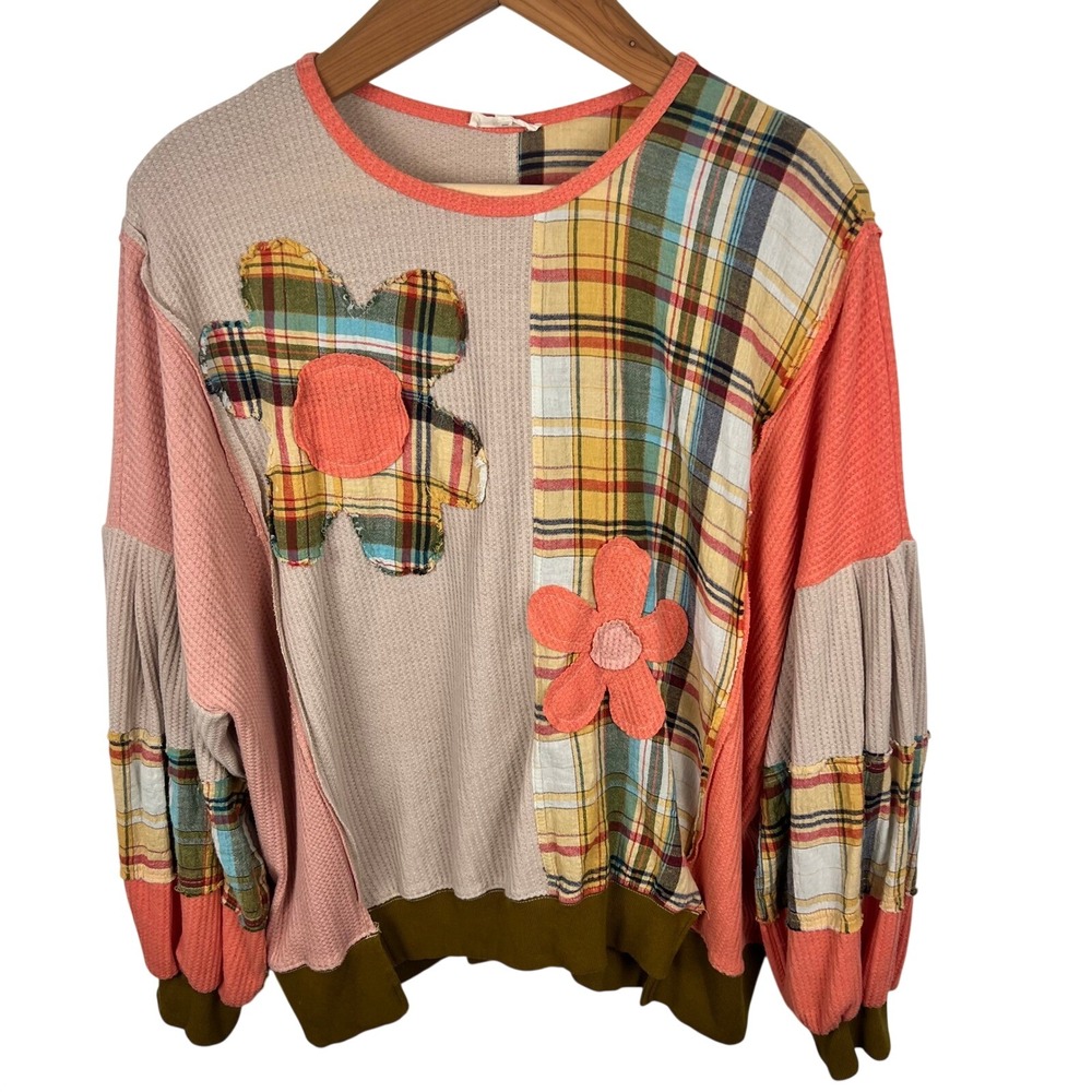 Autumn Patchwork Boho Top XL Mixed Media Plaid Floral Earthy Fall  Whimsigoth
